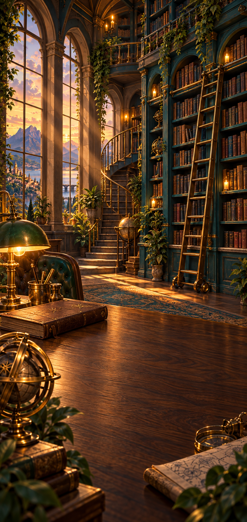 Una biblioteca antigua, cálida y llena de libros