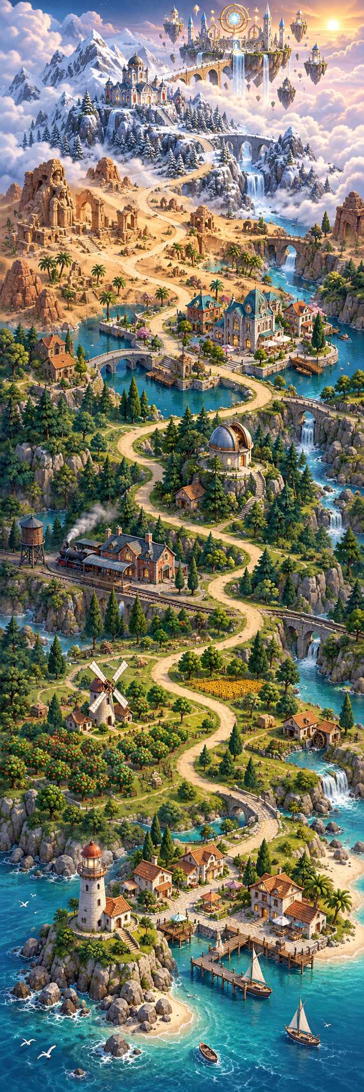 Mapa ilustrado de Atlas: una ruta entre pueblos costeros, bosques, montañas y una ciudadela en el cielo